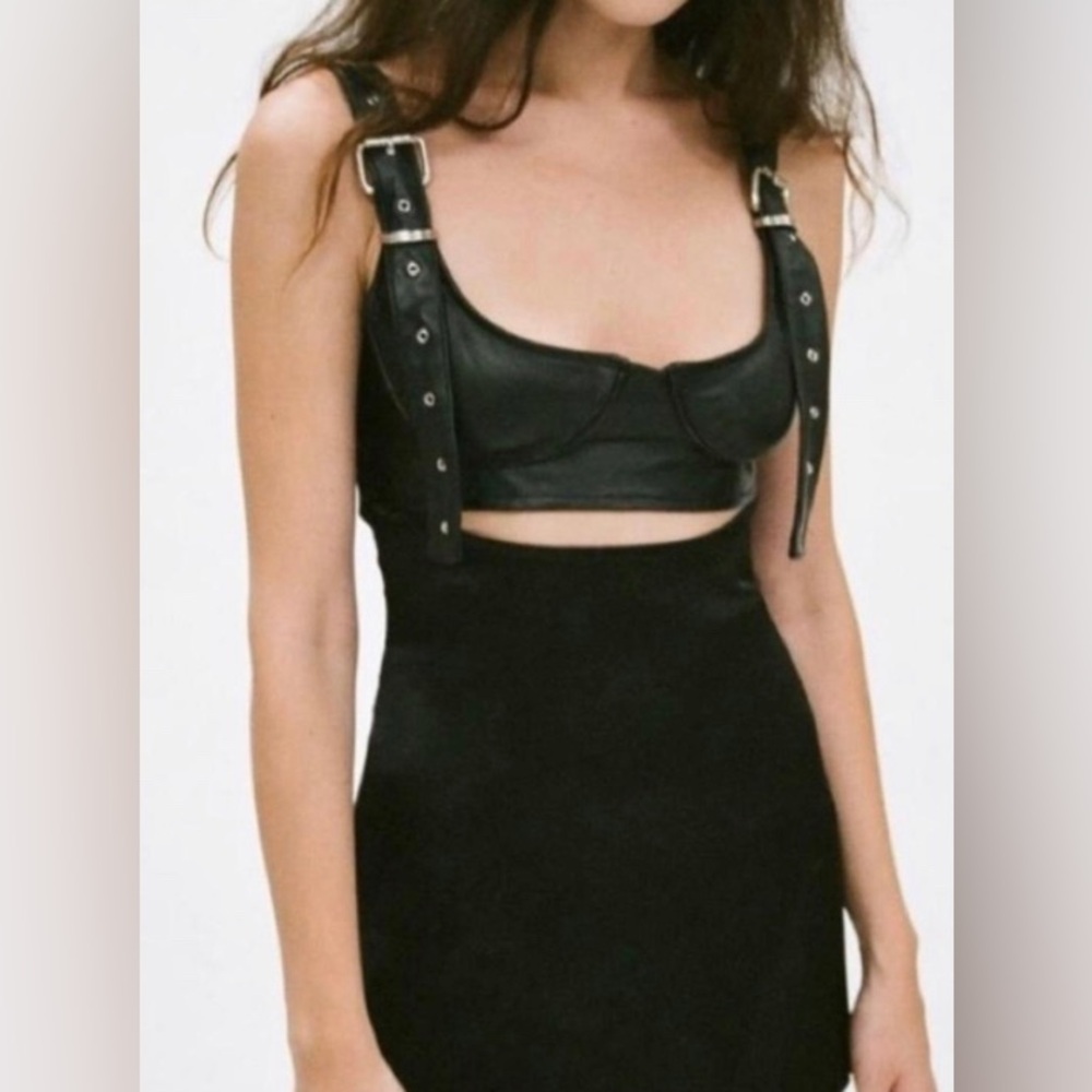 Danielle Guizio Black Leather Buckle corset satin mini dress sexy Revolve